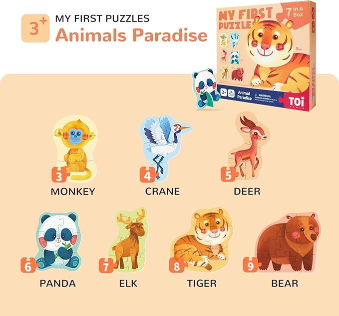 Toi 6 Packs Large Piece Toddler Jigsaw Puzzles for Kids Aged 3+, Animal Shaped Floor Puzzles for Beginner, Preschool Learning Game for Boys Girls, Animal Paradise