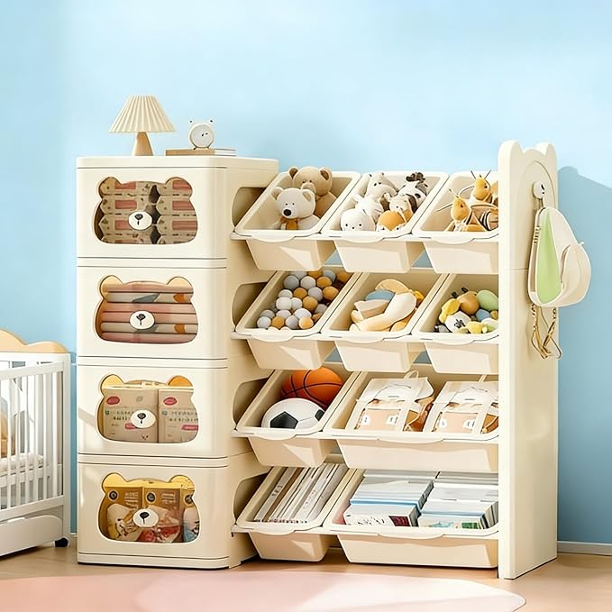 Toy Storage Organizer with 4 Drawers and 10 Bins, 4-Tier Bookshelf with Removable Storage Bins, Cute Bear Cartoon Design, Sturdy Organizer for Playroom, Nursery, Classroom