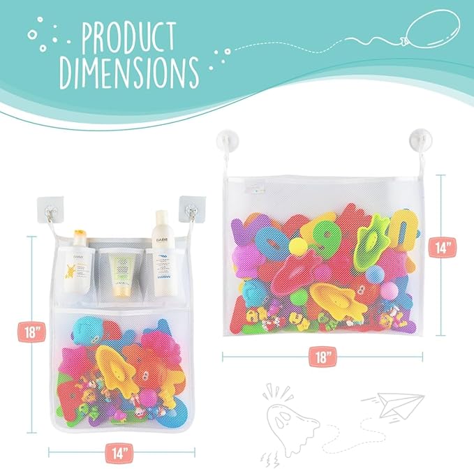 Comfylife 2 x Mesh Bath Toy Organizer + 6 Ultra Strong Hooks + 36 Bath Letters & Numbers ??Eco-Safe, Fun, Educational Foam Letters and Perfect Toy Storage Net for Baby Bath Toys & More