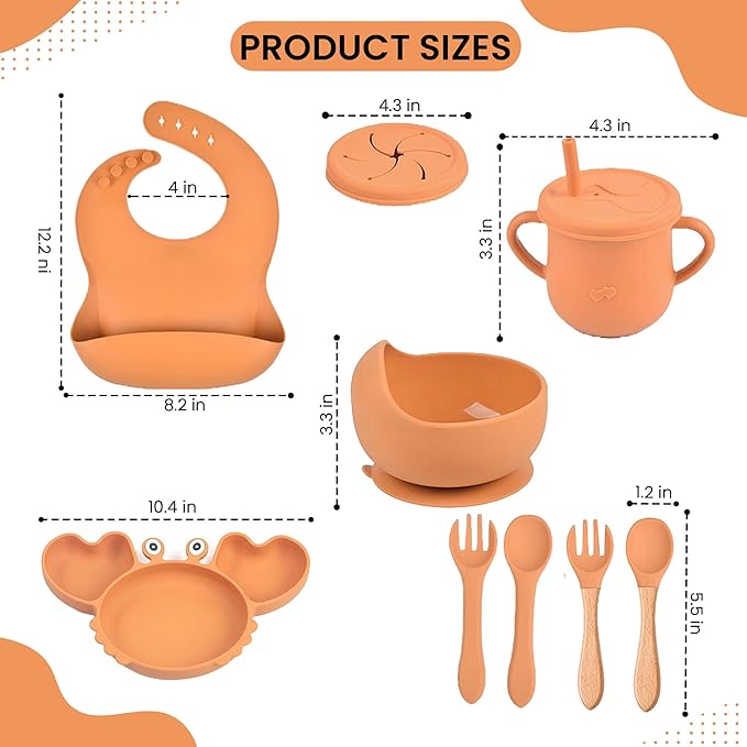 Silicone Baby Feeding & Weaning Set ??Food-Grade Baby Led Weaning Supplies with Suction Plate, Bowl, Bib, Sippy Cup & Soft Spoon Fork ??Dishwasher & Microwave Safe (Brown)