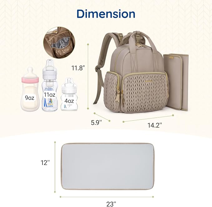 mommore Diaper Bag Backpack, Stylish Travel Baby Bag with Insulated Pockets, Changing Pad and Stroller Straps for Toddler (XS-Brown Taupe, Mini-16L)