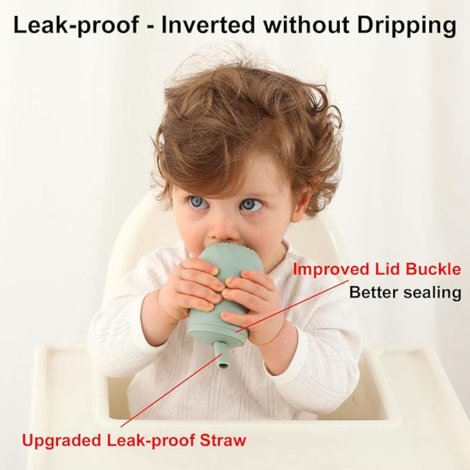 Seposeve 2 Pack Silicone Straw Cups, Leak-Proof Baby Sippy Cup for 6 Months +, Spill Proof Toddler Cup with Straw 12-24 Months, Easy to Hold, Flow Control, 4 oz, Green Blue