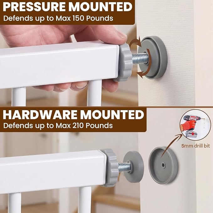 Mumeasy 29-43" Wide Baby Gate for Stairs and Doorways, 30" Tall Pressure Mounted Dog Gate No Drilling, Auto Close Walk Thru Child Safety Gate, Sturdy Metal Pet Gate with Dual Lock, White