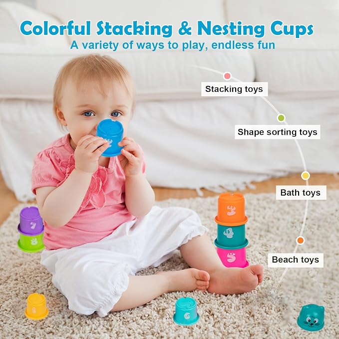 Adena Montessori Play Kit for 13-18 Month Baby,8 in 1 Toy,Colorful Stacking&Nesting Cup,Coin Bank,Coins,Carrots Lid,Carrots,Posting Lid,Flexble Stacker,Bead Kit,Shape Puzzle,Pound&Tap Hammer Bench