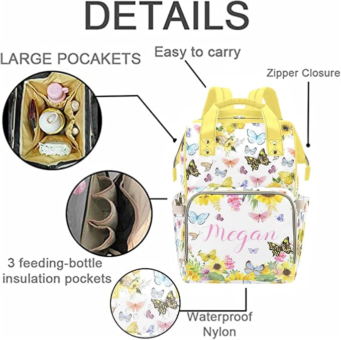 Customized Sunflower Butterfly Diaper Bag for Boys Girls Baby, Personalized Mommy Daypack with Name, Nylon Waterproof Backpack for Travel, Custom Gift for Women