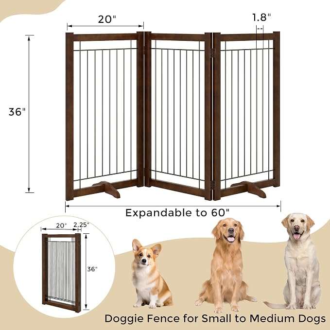 Acovy Wire Dog Gate Solid Wood Frame, Anti-Chewing, 3-Panel, 36" Height, 60" Width, Indoor Freestanding Pet Gate Foldable Wooden Dog Fences for Stairs, House, Doorway, Walnut Color