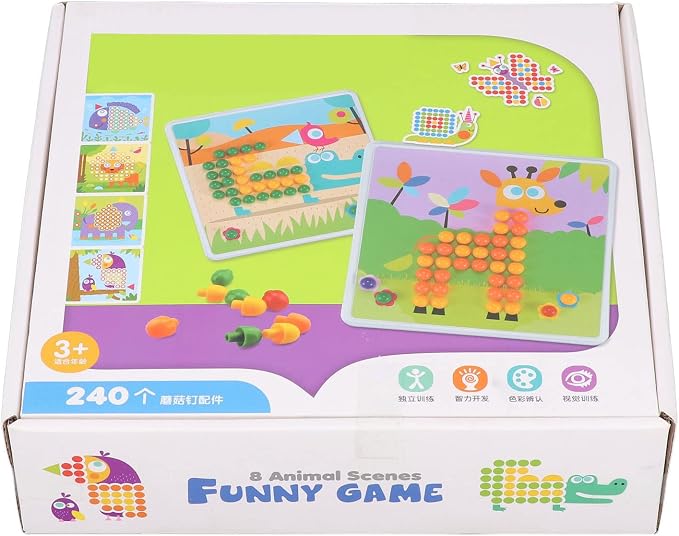 CCYLEZ Mushroom Nail Puzzle Board, Colorful Pegboard Toy Set for Kids Develop Fine Motor Skills Hand Eye Coordination with 240 Pegs 8 Cards Storage Bag Safe Plastic Material