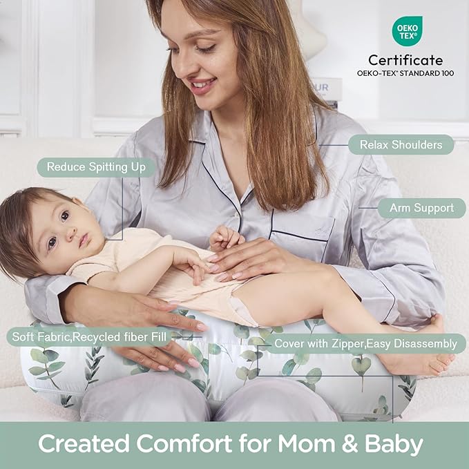 Little Grape Land Nursing Pillow,Upgraded Breast Feeding Pillow for Mom,Breastfeeding & Bottle Feeding for 0??7 Months, Soft Machine Washable Cover with firm breathable filling,Tummy Time,Green Leaves