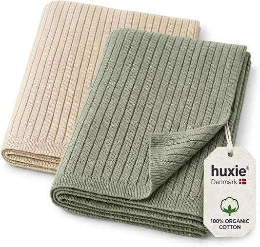 100% Organic Cotton Knit Receiving Baby Girl Blanket for Newborns - Soft, Breathable Swaddle Blanket for Crib & Stroller - Nursery Gift 2-Pack (Ribbed Fog/Roman Green)