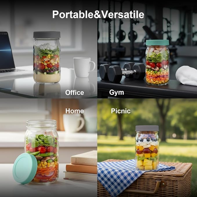 ComSaf 32oz Glass Salad Jars for Lunch 2-Pack, Round Mason Meal Prep Jars with Dressing Cup & Leakproof Lid, Anti-Soggy Salad Shaker for Office & Fitness, Precision Portion Control, Wellness