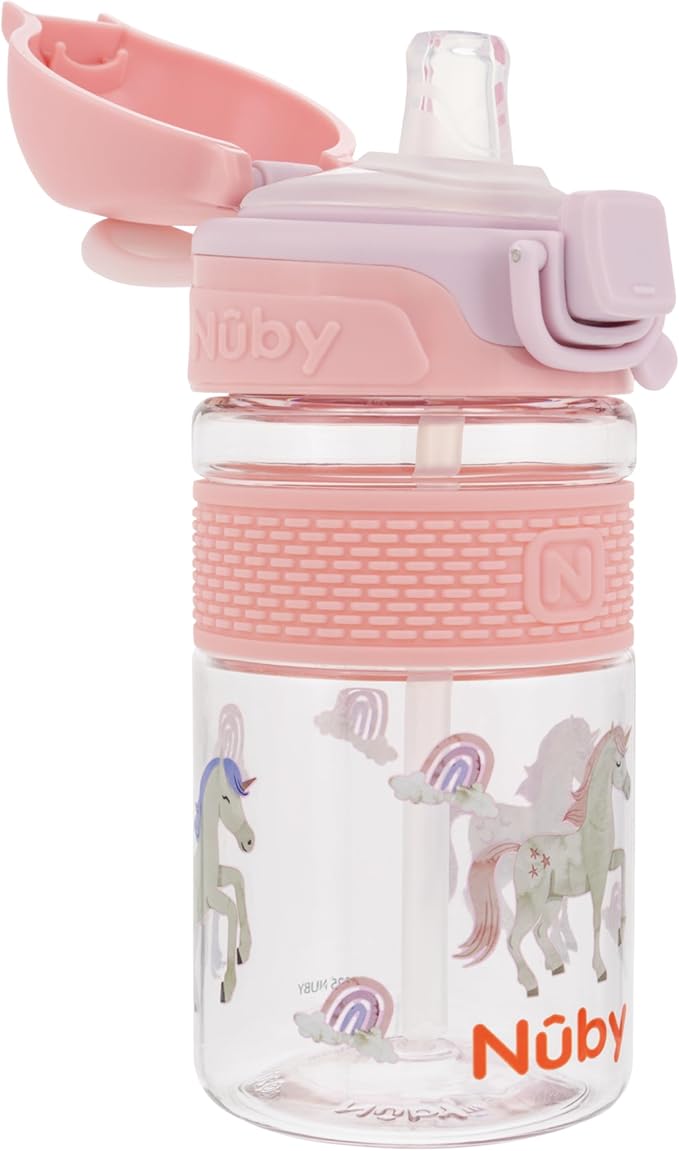 Nuby Thirsty Kids Flip-It Bolt Toddler Cup with Push-Button Locking Flip-Top and Silicone Spout - 12 oz - Easy-Grip and Spill-Resistant - 18+ Months - Unicorn