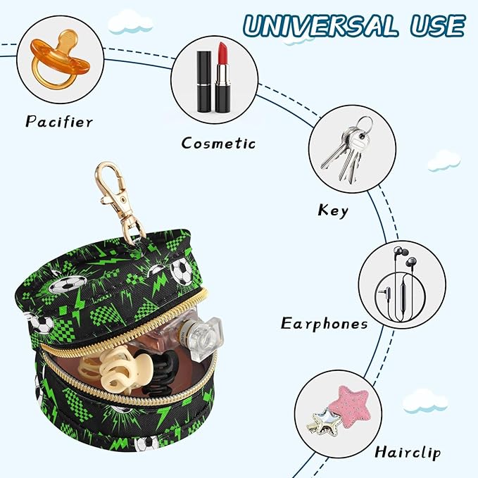 Soccer Ball Green Lightning Print Pacifier Holder Case for Diaper Bag Portable Travel Pacifier Storage Case with Clip Newborn Baby Pouch for Outdoor Purse Baby Boys Girls