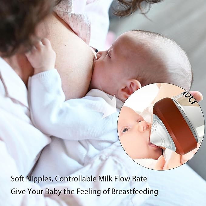 yanyoyo Natural Glass Baby Bottle for Breastfeeding Babies, 5.4oz Anti-Colic Baby Bottle with Natural Response Nipple(S), Clear, Wide Neck, 2 Pack, 1 Months+