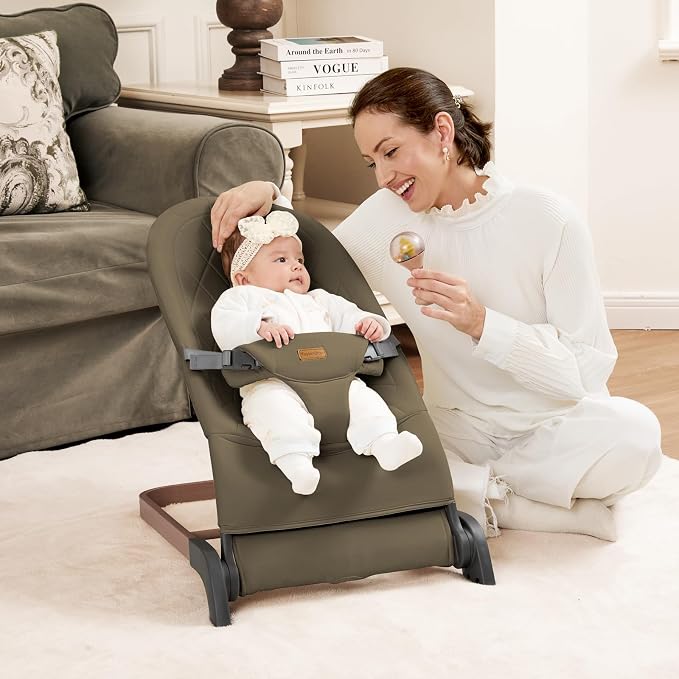Foldable Baby Bouncer, Baby Seat with 3 Adjustable Heights, Portable Newborn Rocker, Ergonomic Bouncy Seat for Natural Bounce, Bouncer for Babies 0-6 Months, Soft Cotton (Green)