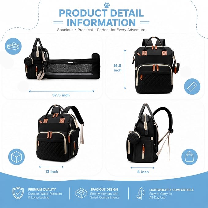 Baby Diaper Backpack with Changing Pad, Waterproof, USB Port, Large Capacity (Black)