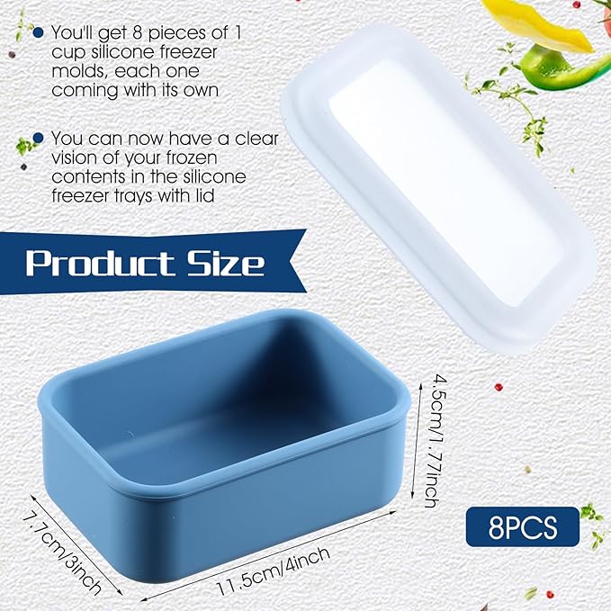 Lemecima 8 Pcs 1 Cup Silicone Freezer Trays with Lid - Rectangle Soup Freezer Containers - Reusable Food Preserving Tray - Freezing Ice Trays for Soups Sauces Stews (Sage Green, Dark Blue)