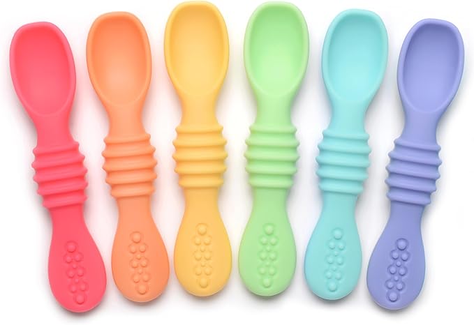 PrimaStella Silicone Chew Spoon Set for Babies and Toddlers | Safety Tested | BPA Free | Baby Spoon 6 Pack (Bright Rainbow)
