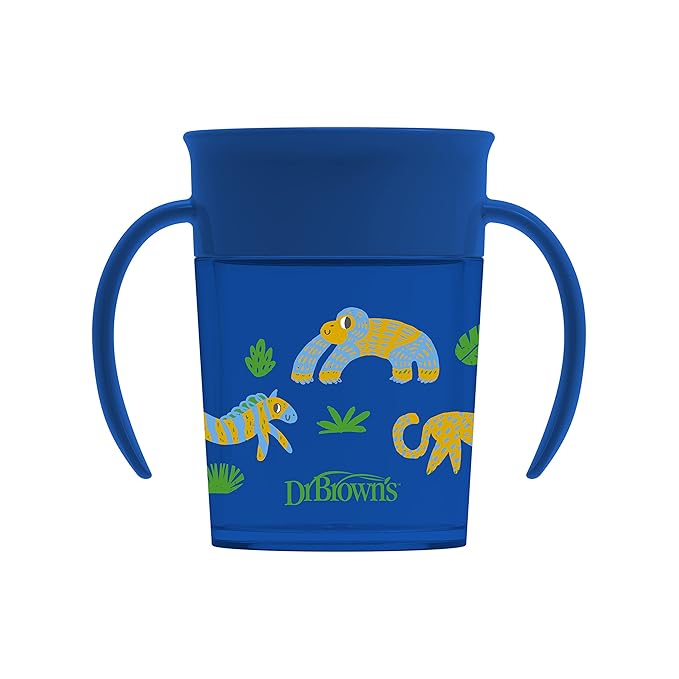 Dr. Brown's Milestones Cheers 360 Spoutless Transition Cup with Handles, Travel Friendly and Leak Free Sippy for Babies and Toddlers, Blue Animal Safari, BPA Free, 7 oz/200 mL, 6m+, Value Pack