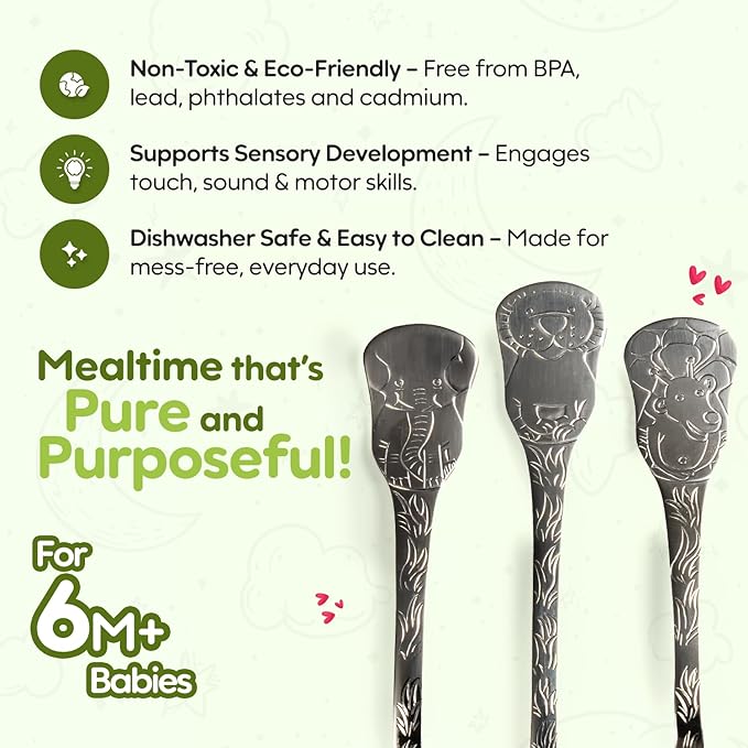 Kleynimals Safari Friends Made in USA Baby Flatware ??100% Stainless Steel Baby Forks and Spoons, Non-Toxic, BPA-Free, Eco-Friendly, Dishwasher Safe ??Safe Utensils for Babies & Toddlers