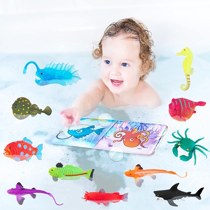 Color Changing No Hole Bath Toys for Kids Toddlers, Color Change Water Table Bathtub Toys Sea Creatures Rubber Fish for Kids & 2 Glow in The Dark Ocean Animal with Bath Book