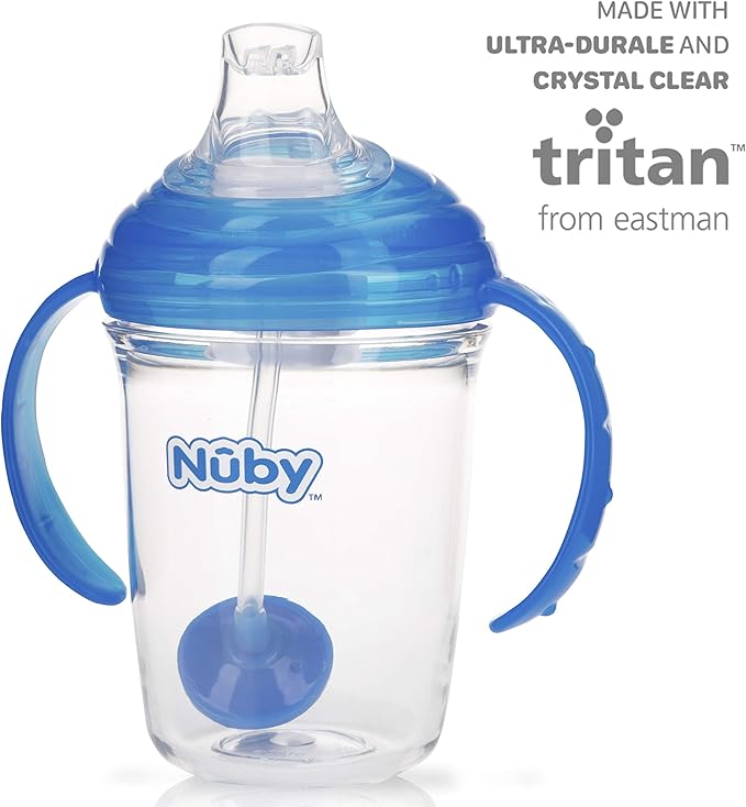 Nuby 360 Grip N' Sip 8oz Tritan Cup, Weighted Straw with Hygienic Cover, Blue