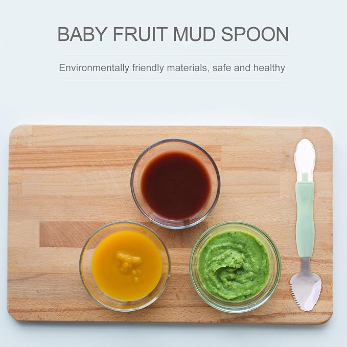2pcs Food Scraper Spoon, Double Head Silicone Baby Spoons, Baby Fruit Feeder for Puree Scraping Mud Feeding, Green