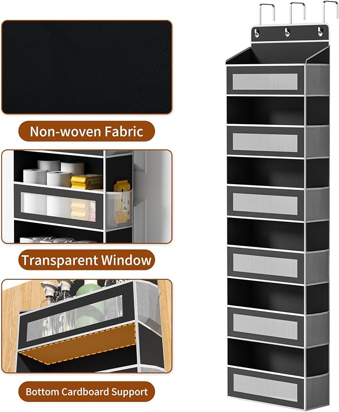 Over The Door Organizer with 6 Large Pockets, Over the Door Storage 12 Side Pockets, Hanging Door Organzier 44 lb Load Behind Door Storage Hanging Shelf for Closet Wall Bathroom Nursery, 6-Tier Black