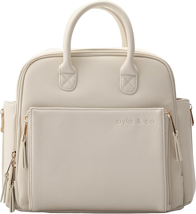 Ayla & Co Mini Bag, Transitional Minimal Diaper Bag, Vegan Leather, with Expandable Pockets, Built-In Wallet, Organizer