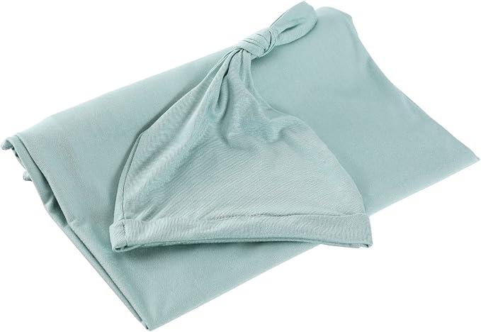 Cotton Knitted Baby Swaddle Blanket with Hat Headband Set Newborn Swaddle Wrap Receiving Blankets for Baby Girl Boy 35" x 35"(LightGreen)