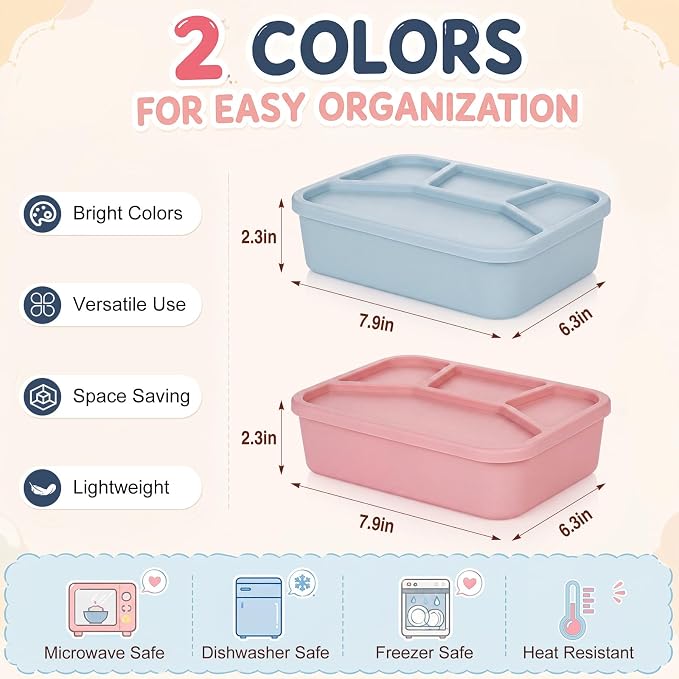 Ziliny 2 Pcs Silicone Bento Box Classic Colors Reusable Lunch Container Smooth Leak Proof Lunch Box Rectangle Bento Boxes for Adult Work Travel Food Meal Compartment Storage, 2 Colors