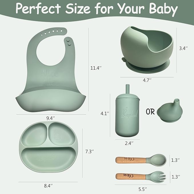 Personalized Silicone Baby Weaning Set,Custom Weaning Set for Toddler,Baby Feeding Set，Suction Plate Bowl Set, Self Feeding Spoons, Bib, Cup, Baby Led Weaning Supplies (Turquoise)