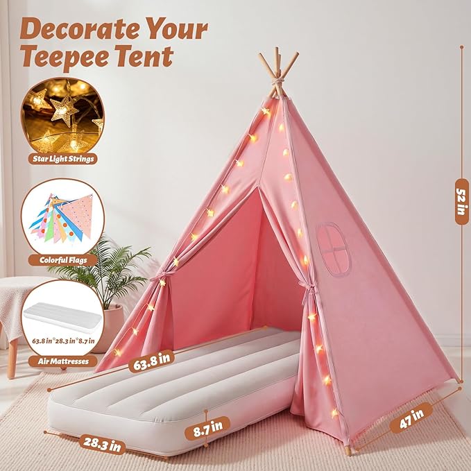 Wilwolfer Pink Sleepover Teepee Tent for Kids-2 Pack Tipi Playhouse for Kids with Lights& Flag& Inflatable Airbed -Indoor/Outdoor Foldable- Slumber Party Tent -Sleepover Party Supplies