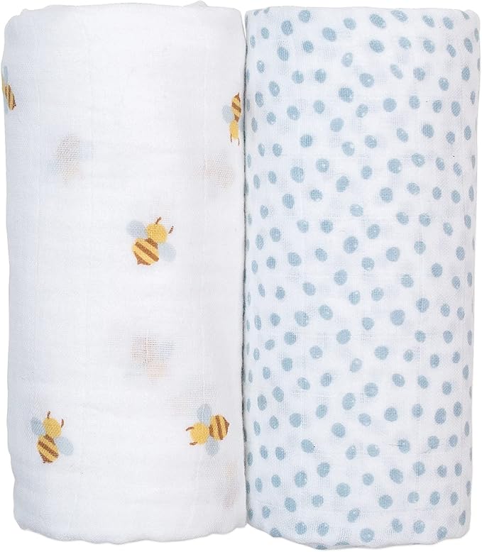 Lulujo Baby Swaddle Blankets | Unisex Softest Breathable Cotton Muslin Swaddle Blanket Set | Neutral Receiving Blanket for Girls & Boys | 40in x 40in | Bees & Dots | 2-Count