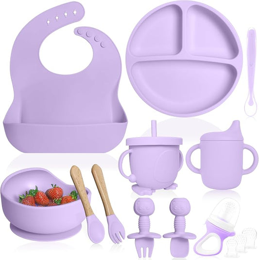 Bluet B- Silicone Baby Feeding Set with Pacifier - Baby Led Weaning Supplies - Baby Spoons, Suction Bowl - Plate - Baby Utensils Set - Silicone Feeding Set for Baby First Foods - 11pcs - Purple