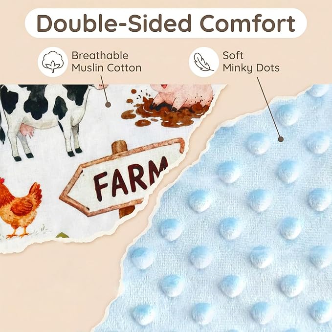 Farm Animal Minky Baby Blanket for Boys Girls with Muslin Cotton Front and Dotted Fleece Backing, Soft Nursery Receiving Blankets for Newborn Toddler Crib Stroller Car Seat 27.5 x 39.3 Inch