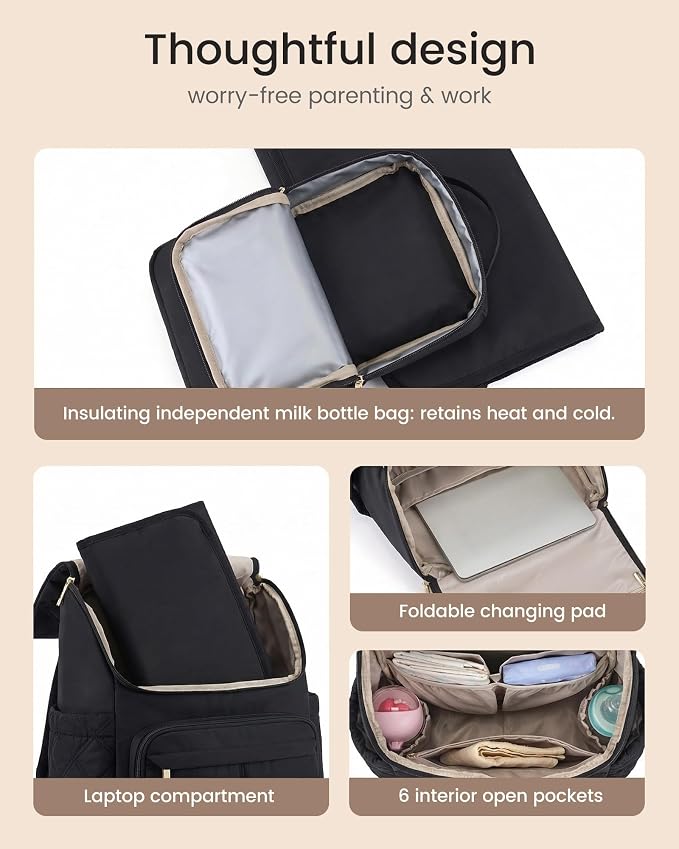 LOVEVOOK Diaper Bag Backpack With Pocket For Large Capacity Cup,Multi-Function Baby Travel Bag For Mom Dad,Waterproof Baby Bag for Boys Girls with Changing Pad,Insulated Bag,Stroller Straps,Black