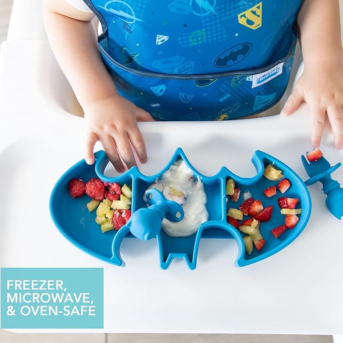 Bumkins Toddler and Baby Suction Plate, Silicone Grip Dish, Babies and Kids, Baby Led Weaning, Children Feeding Supplies, Non Skid Sticky Bottom, Platinum Silicone, Ages 6 Months Up, Batman Blue