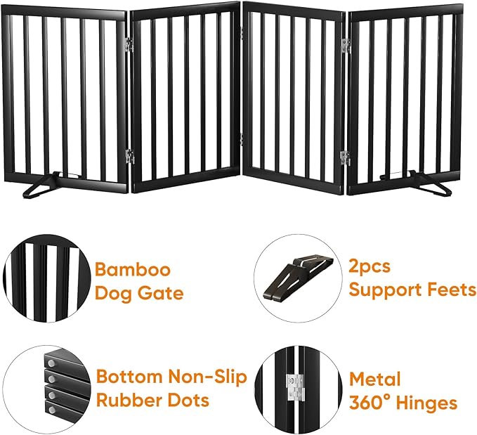 Black 37-74" Dog Gate Foldable Dog Gates for Doorways Stairs House Freestanding Pet Gate Puppy Barries 24 inches Tall