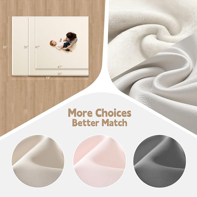 Baby Play Mat for Floor, 50"×50" Playpen Mat, 1.3" Thick Elasti-Foam, Non-Slip Crawling Mat for Tummy Time, Waterproof & Wipe-Clean Playmat for Toddler,Infant, Kids (Beige)