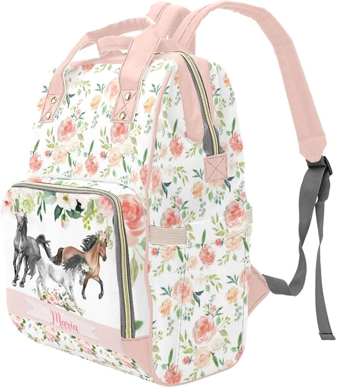 Personalized Cute Diaper Bag Backpack with Name Customized Floral Horse Mommy Bags for Moms with Muti Pockets Custom Portable Nappy Bag Travel Backpack with Large Capacity for Women