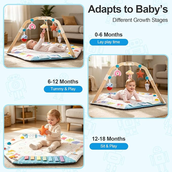 Baby Play Gym Activity Mat with Multiple Developmental Zones, Stage-Based Play for Infant Motor Skills, 5 Detachable Sensory Toys, Easy to Install & Clean, Baby Essentials Shower Gift