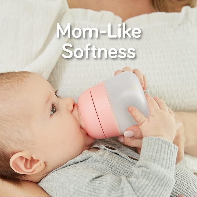 Nanobebe Flexy Silicone Baby Bottle, Anti-Colic, Natural Feel, Non-Collapsing Nipple, Non-Tip Stable Base, Easy to Clean 4-Pack, Pink/White, 5 oz