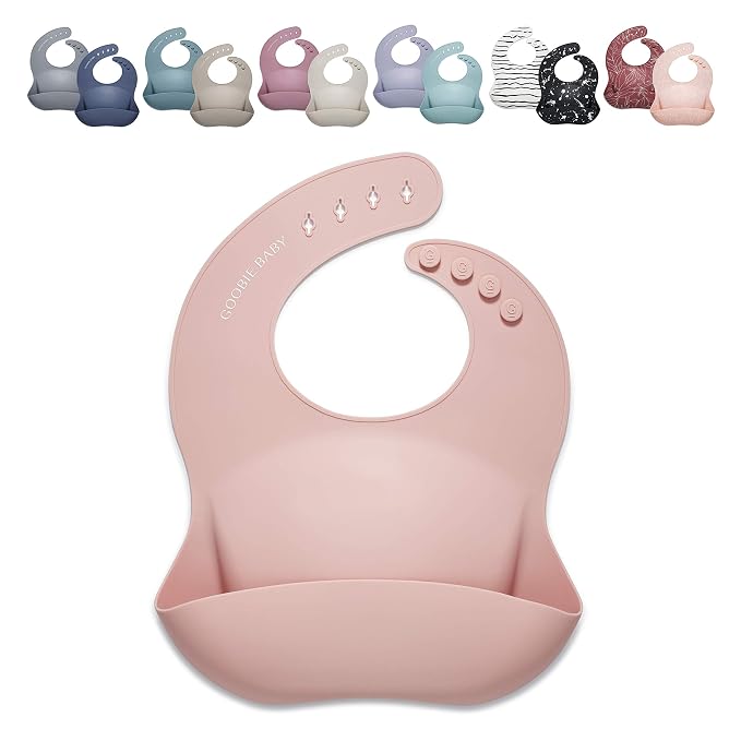Goobie Baby Silicone Baby Bib with Food Catcher - Adjustable Waterproof Feeding Bib for Babies and Toddlers 4 to 36 Months in Stylish Colors for Girl and Boy - Modern, Soft, Easy to Clean (Blush)