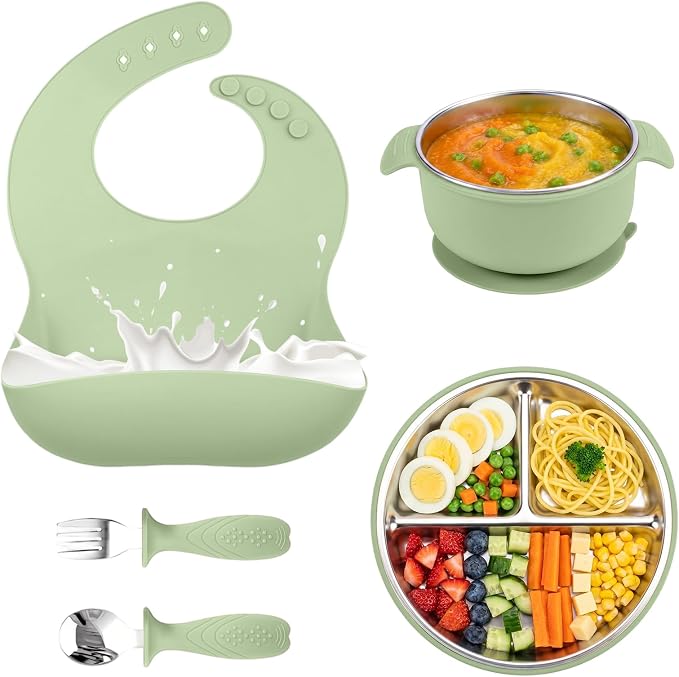5-in-1 Stainless Steel Baby Feeding Set, Suction Divided Plates, Bowls, Silicone & Stainless Spoon Fork, Baby Tableware for Self-Feeding, Durable, BPA-Free (Green)