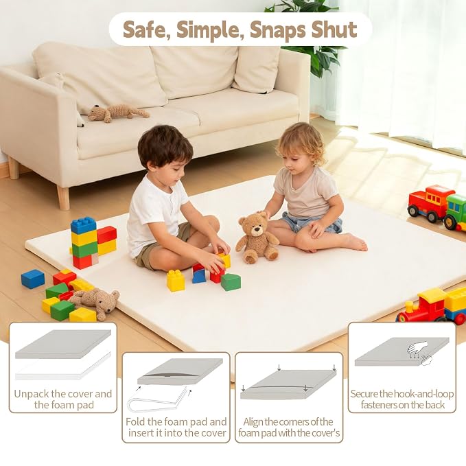 Baby Play Mat for Floor, 50"×50" Playpen Mat, 1.3" Thick Elasti-Foam, Non-Slip Crawling Mat for Tummy Time, Waterproof & Wipe-Clean Playmat for Toddler,Infant, Kids (Beige)