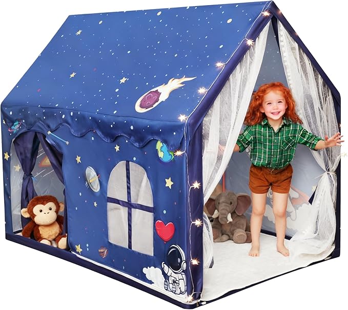 Kids Space Tent Indoor Playhouse-with Star Light, Padded Mat, Extra Large Bedroom Play Tent, Double Curtain, Two Door Access for Toddler Boys, Astronaut Spaceship Kids Tent Toys