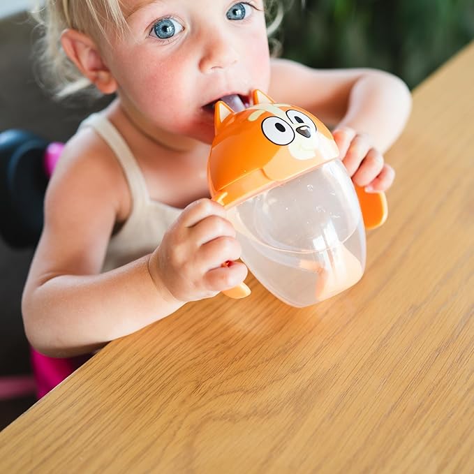 The First Years Bingo Weighted Straw Cup - Spill Proof Toddler Straw Cups with Flip Top Cover - Bluey Cups for Everyday Sipping - Toddler Feeding Supplies - 7 Ounce - Ages 6 Months and Up