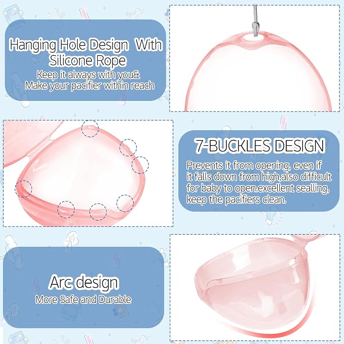 Nisxabebe Pacifier Case,3 Pack BPA Free Pacifiers Holder Case with Lanyard for Diaper Bag,Pacifiers Container Box for Baby Binky Nipple Travel,Essential Pacifier Accessories,Easy to Clean,Pink