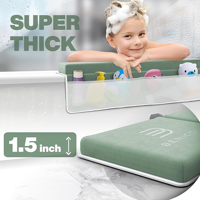 Comfortable Bath Kneeler and Elbow Kneeling Rest Pad for Baby Bathing Parents - Painless Foam Mat with Toy Organizer Pockets - Quick Drying, Foldable, Non-Slip for Baby and Toddler Bathing - Green