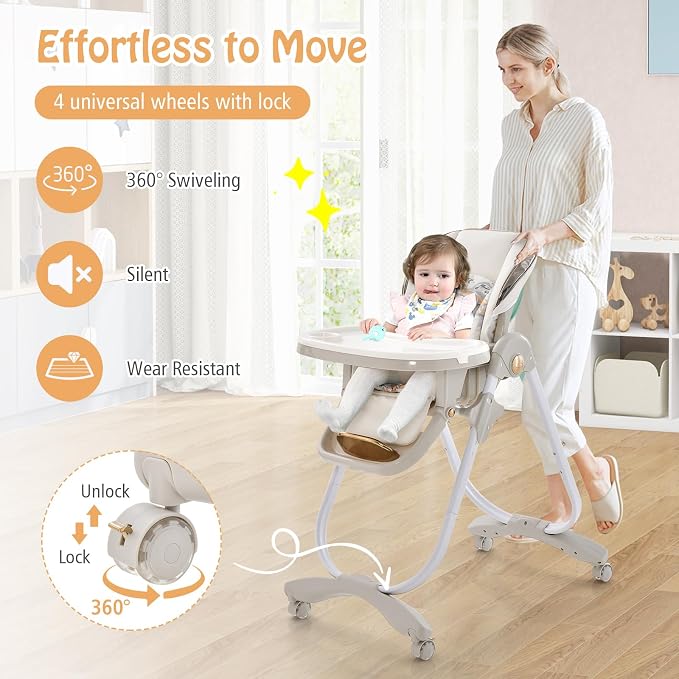 BABY JOY High Chair, Foldable Baby High Chair with Adjustable Height, Backrest & Footrest, Double Removable Tray, Portable High Chair with Wheels for Babies & Toddlers of 6-36 Months